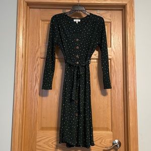 Green polka dot belted midi dress with long sleeves and buttons